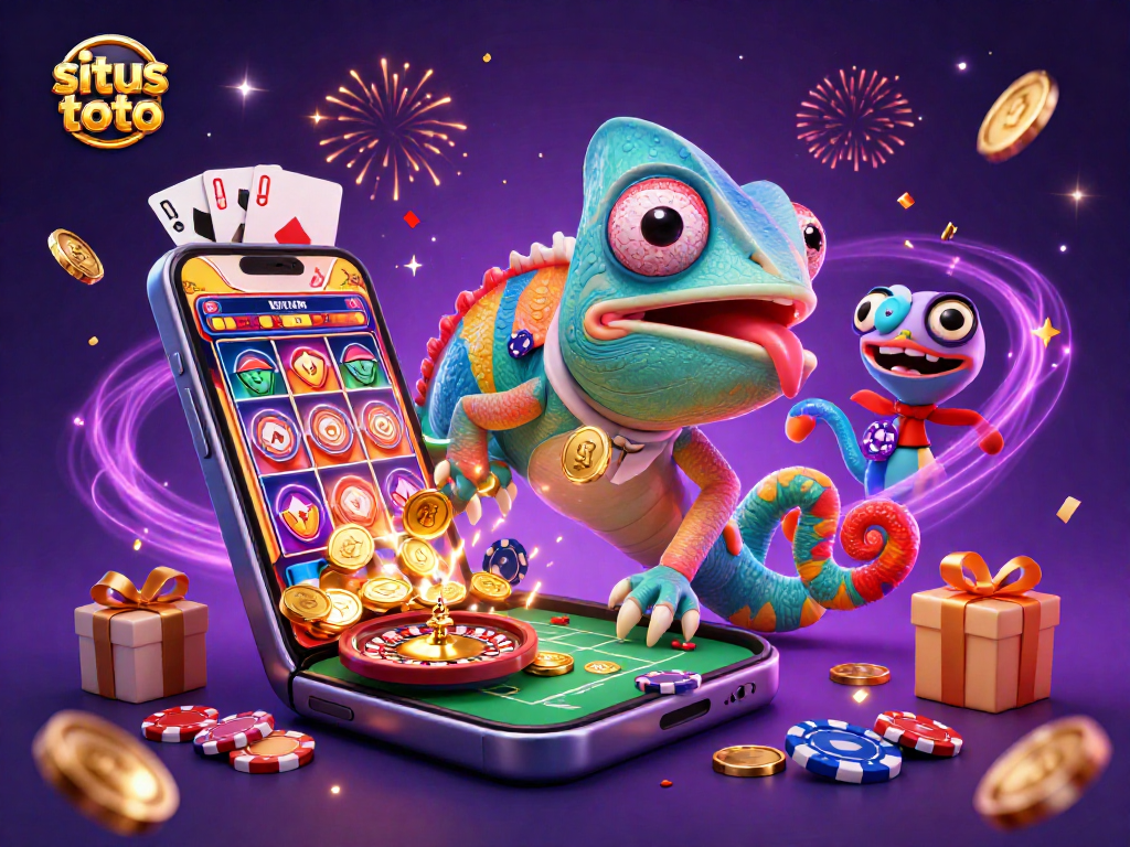 Engage in situs toto with our vibrant chameleon casino owner snatching golden coins amidst dynamic game elements.