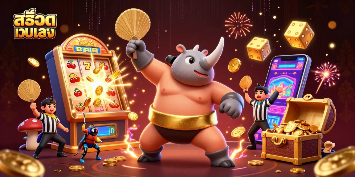 Experience สล็อตเว็บตรง gameplay with dynamic action featuring a sumo beetle champion and slot machine explosion.