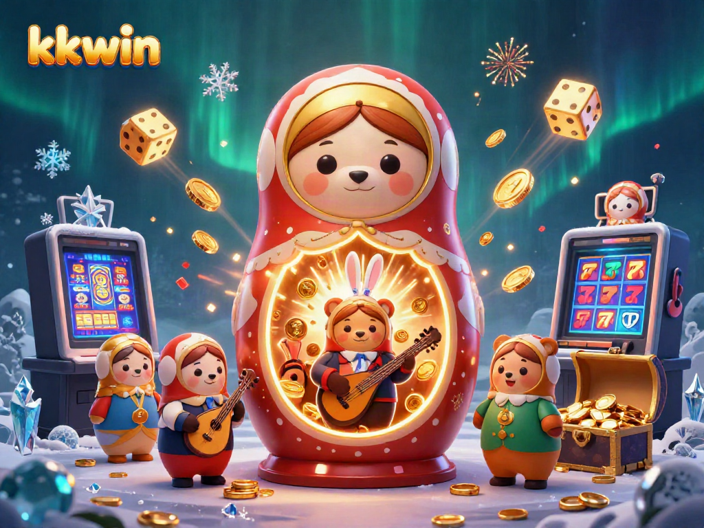 Experience excitement with kkwin's 3D Matryoshka bear and casino elements in a vibrant setting.