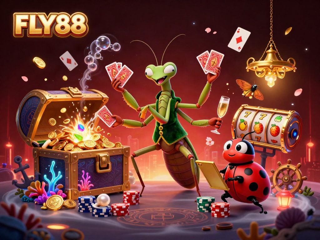 FLY88's vibrant casino scene depicts a giant praying mantis dealing cards and a ladybug pit boss among treasures.