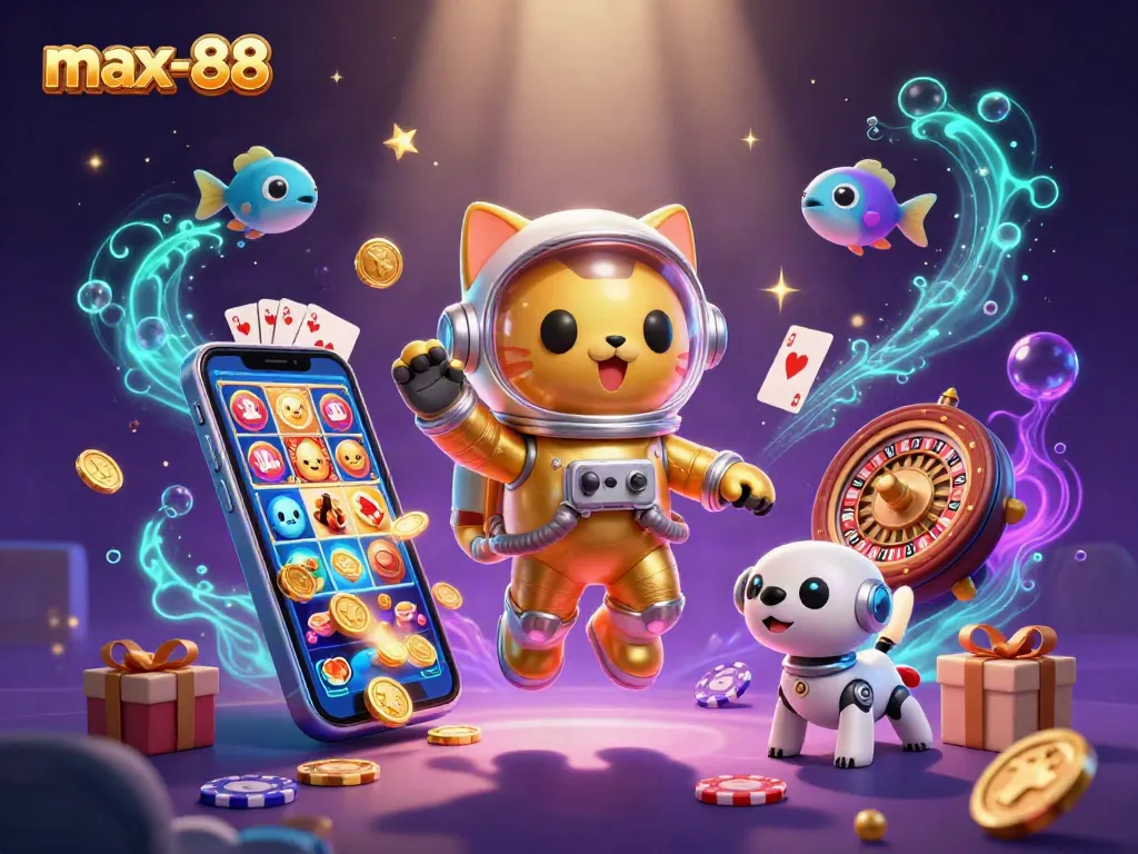 Max-88 jackpot excitement with a golden space cat and robot dog amidst vibrant casino elements.