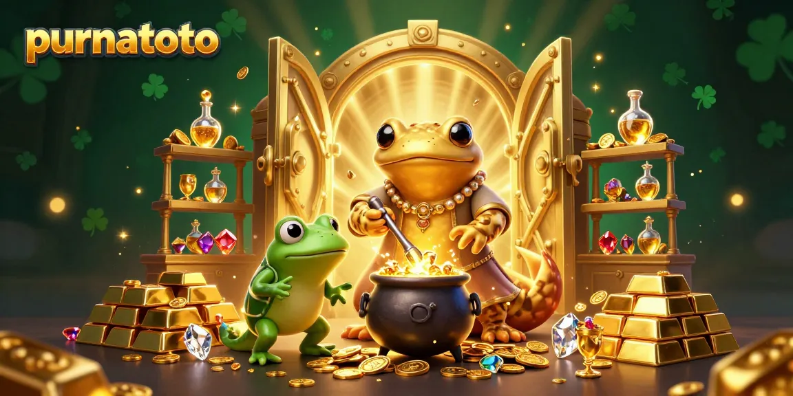 Permainan slot online purnatoto memancarkan koin emas dan permata berlimpah dalam lab alkimia.