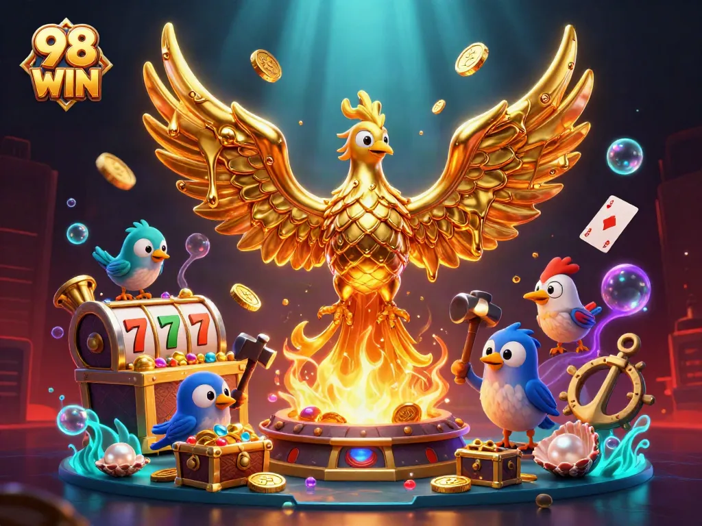 Experience thrilling gameplay with 98 WIN, featuring a golden phoenix, slots, and vibrant casino elements.