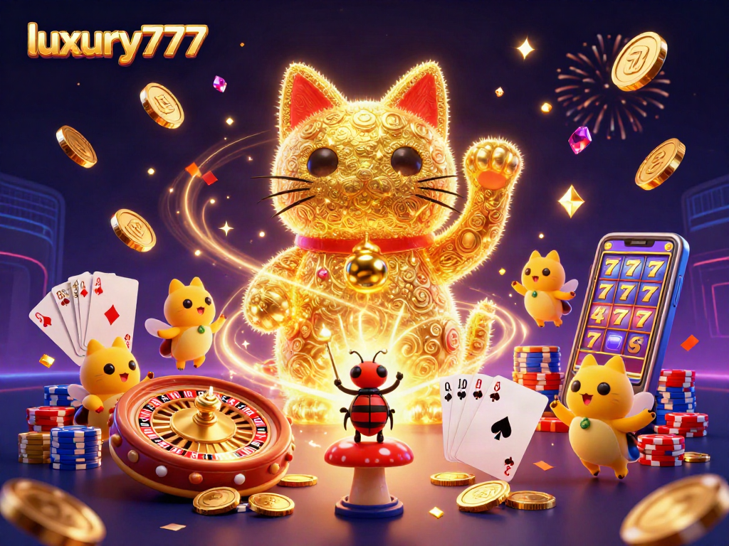 Permainan slot luxury777 menampilkan kucing keberuntungan dengan koin emas dan kartu bermain berkilauan.
