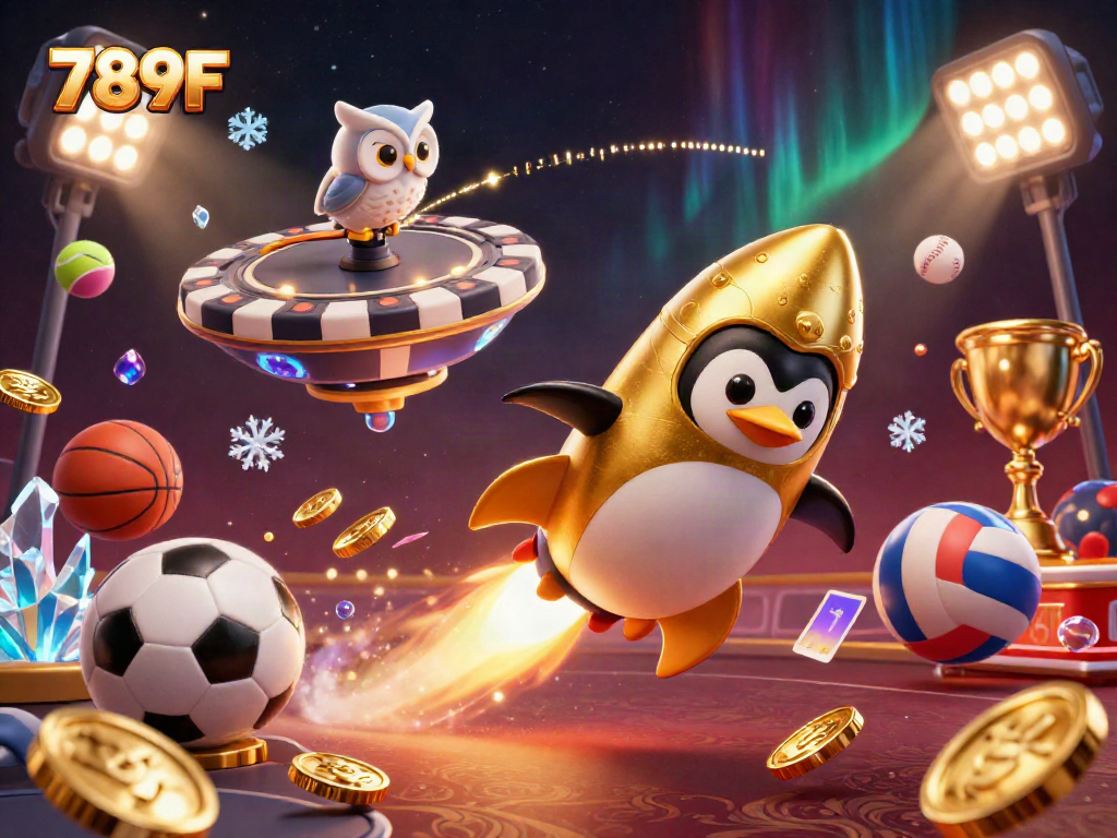 Experience the excitement of 789F with a rocket-powered penguin flying towards a casino themed space station.