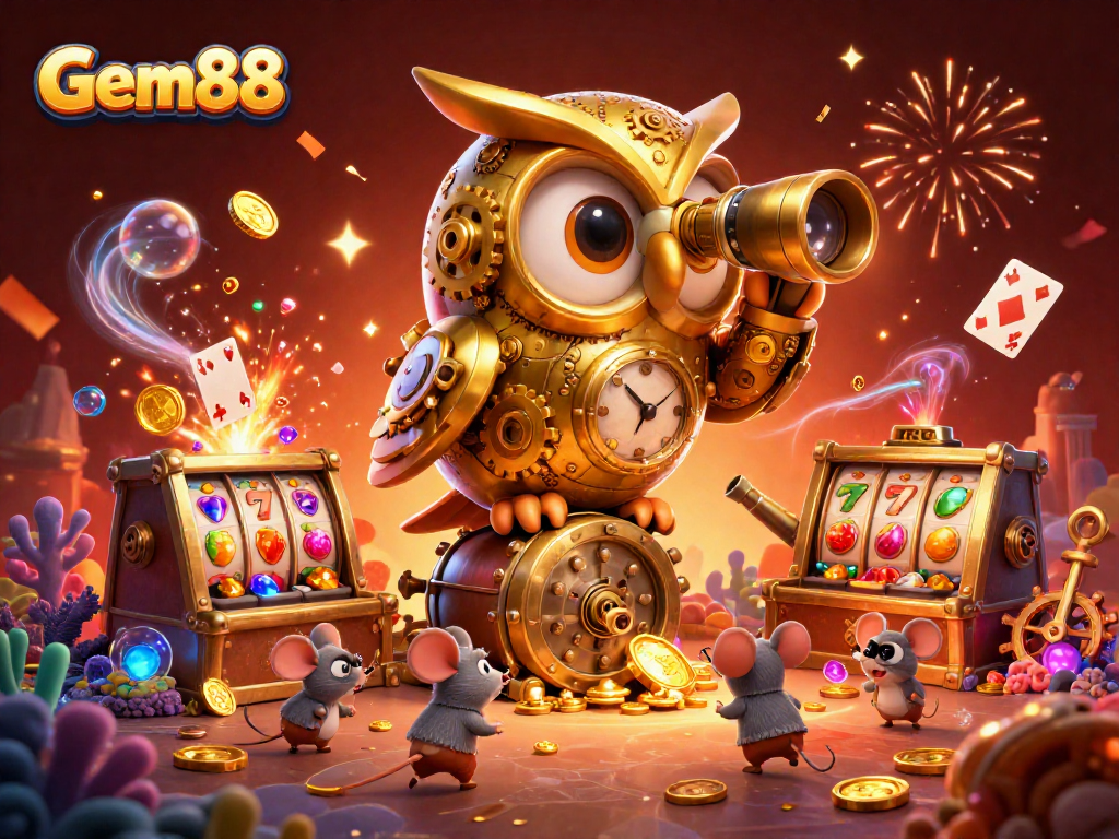 Experience the thrill of Gem88 with vibrant 3D casino artwork depicting a golden owl and slot machines.