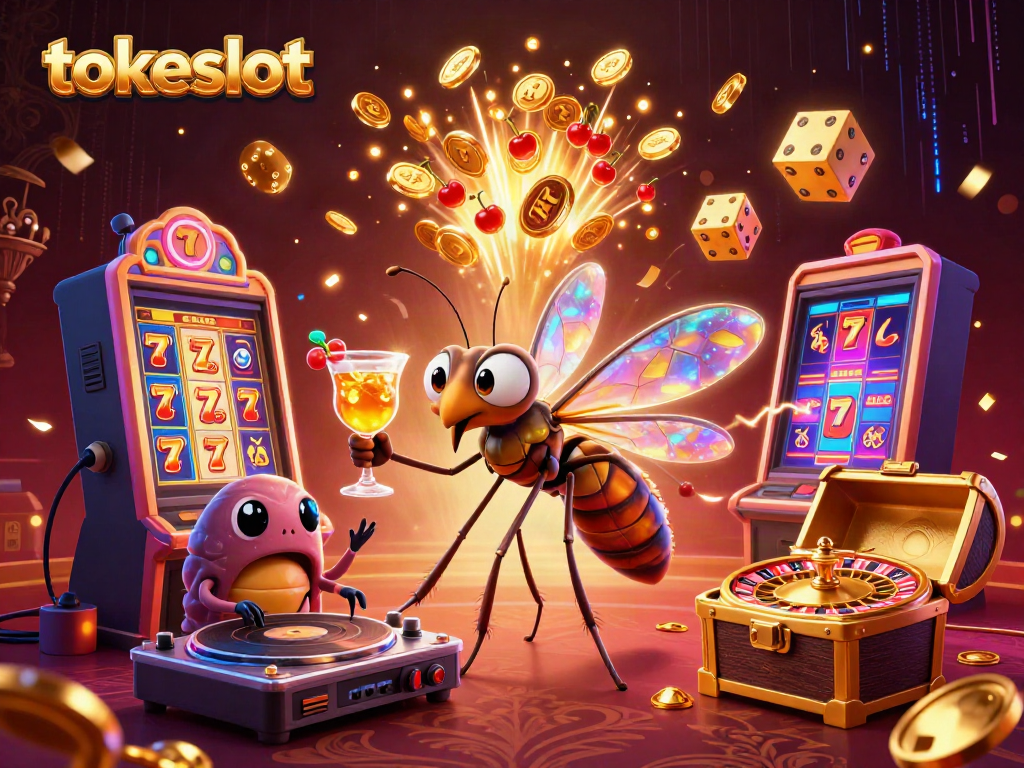 Engage with tokeslot's thrilling gaming experience illustrated through vibrant 3D characters and dynamic casino elements.
