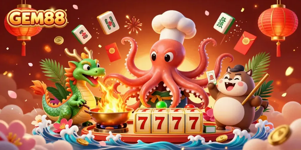 Experience GEM88's thrilling jackpot excitement with a cartoon octopus chef and dragon in a vibrant casino scene.