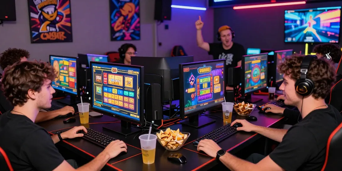 Friends enjoying bandar slot games in a lively gaming lounge with colorful lights.