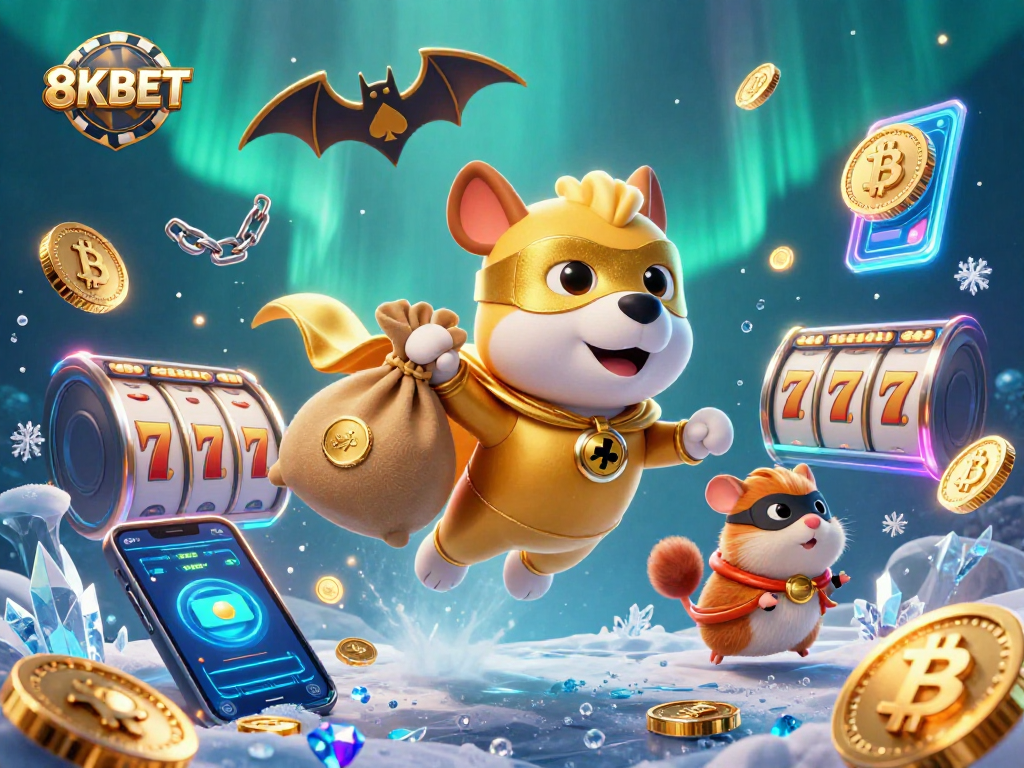 Join the excitement with 8KBET's dynamic illustration of a superhero dog and hamster celebrating big wins!