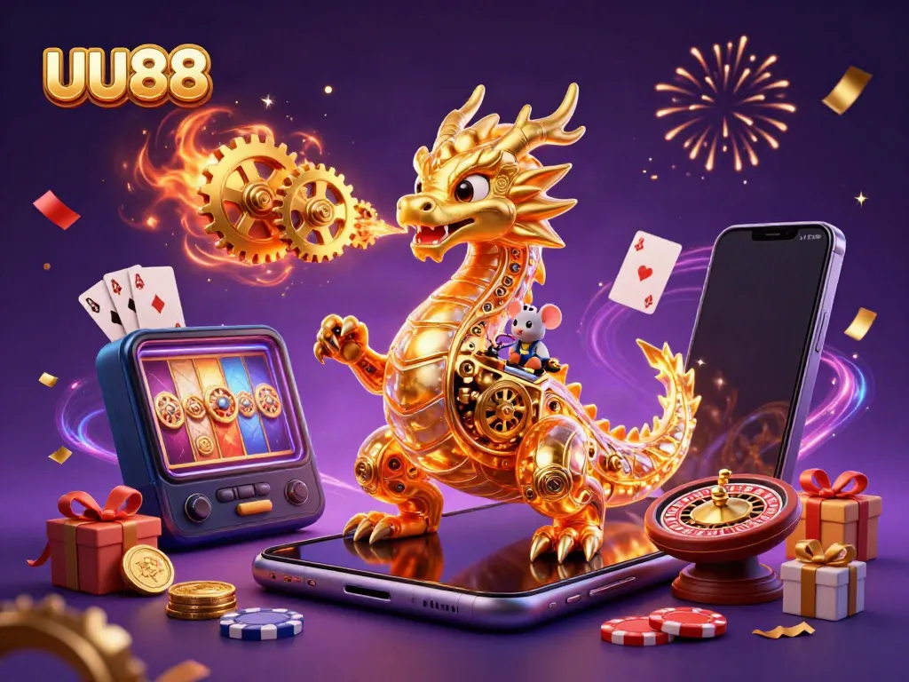 Experience the thrill of casino gaming with uu88's golden dragon illustration, showcasing engaging slot games and more.