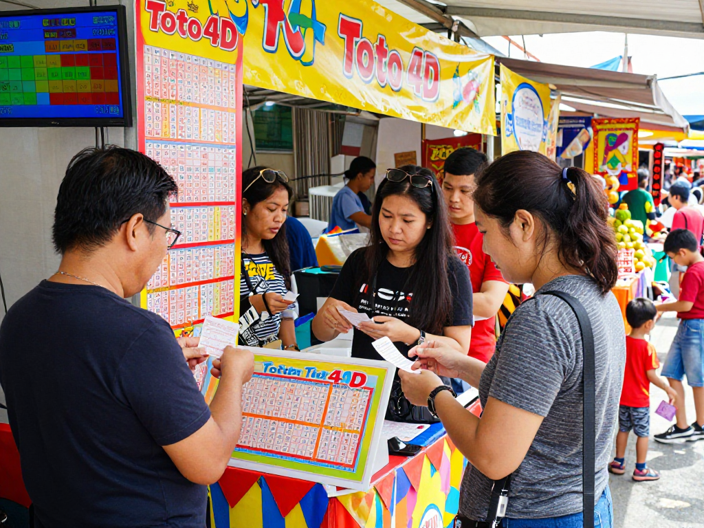 Kerumunan antusias di pasar memeriksa tiket toto 4d dengan hasil menari.