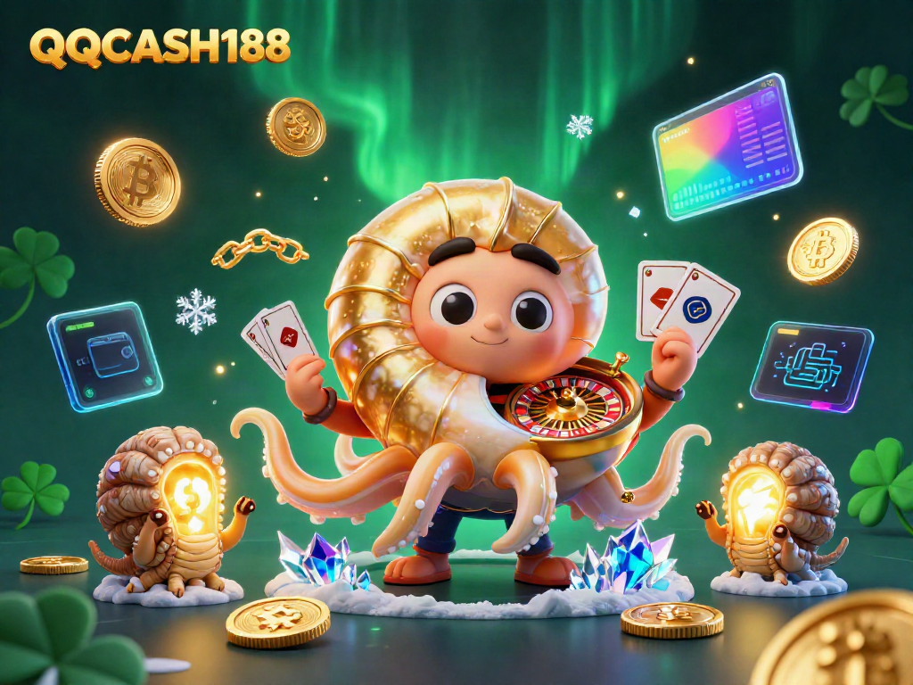 Experience QQCASH188 with an ancient nautilus roulette wheel and glowing crypto elements.