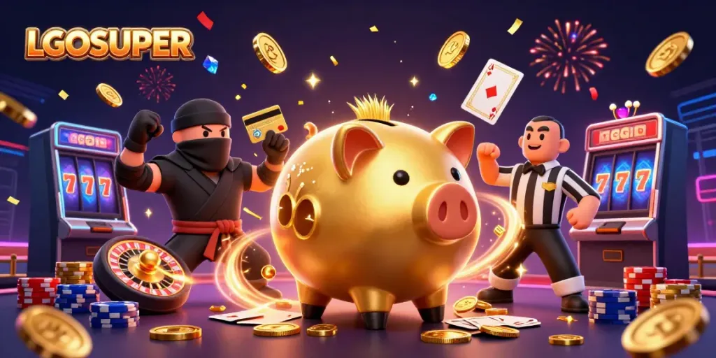 Engage with LGOSUPER's vibrant casino scene filled with a golden piggy bank sumo wrestler, coins cascading everywhere, celebrating gaming.