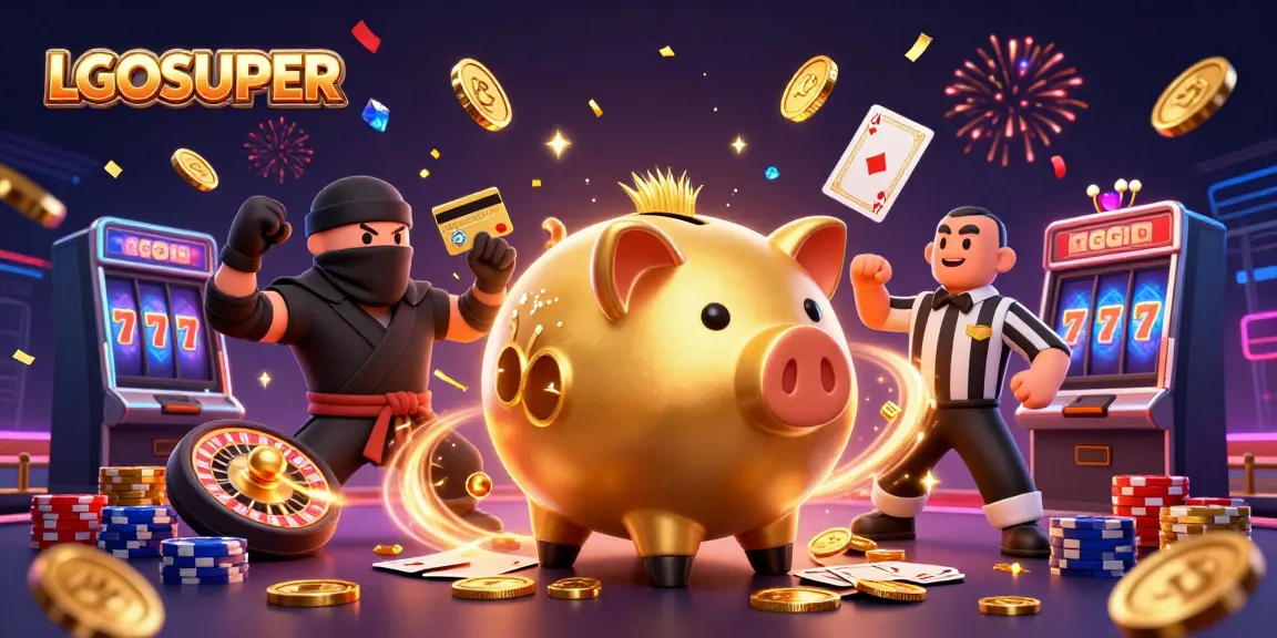 Engage with LGOSUPER's vibrant casino scene filled with a golden piggy bank sumo wrestler, coins cascading everywhere, celebrating gaming.