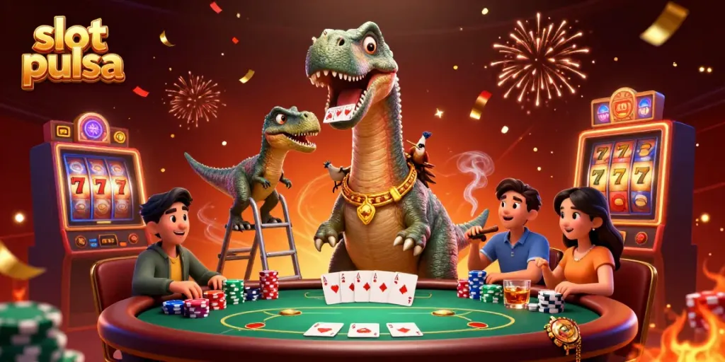 Engage in slot pulsa excitement with dynamic casino elements, including poker and colorful characters.
