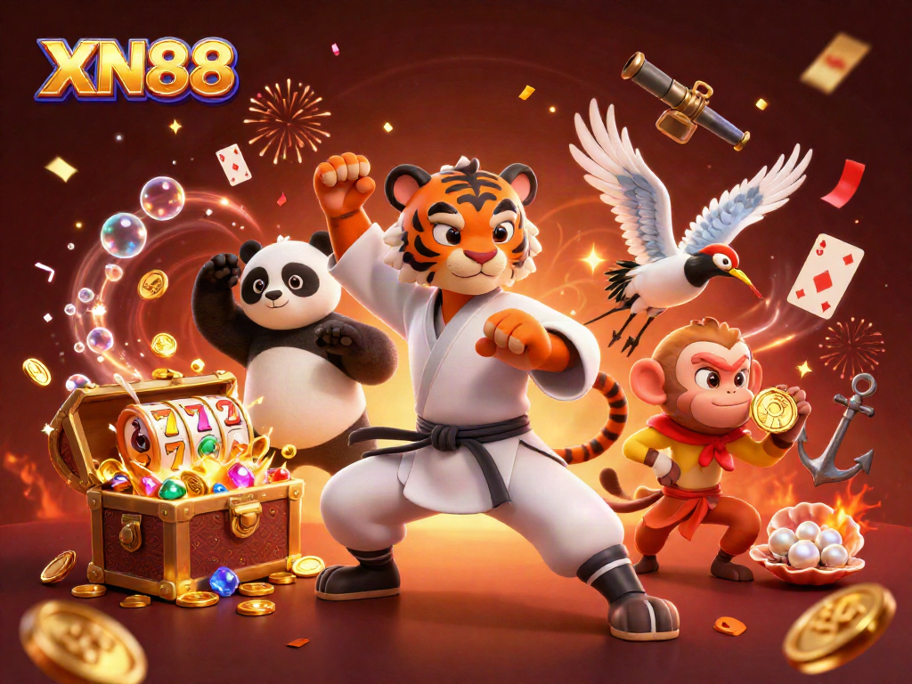 XN88 showcases a kung fu tiger master and panda disciple amid vibrant casino elements, celebrating wins.