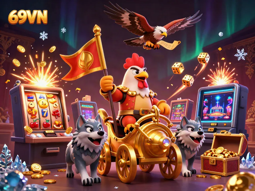 Experience the thrilling excitement of 69VN with a vibrant 3D casino illustration featuring a rooster warlord in action.