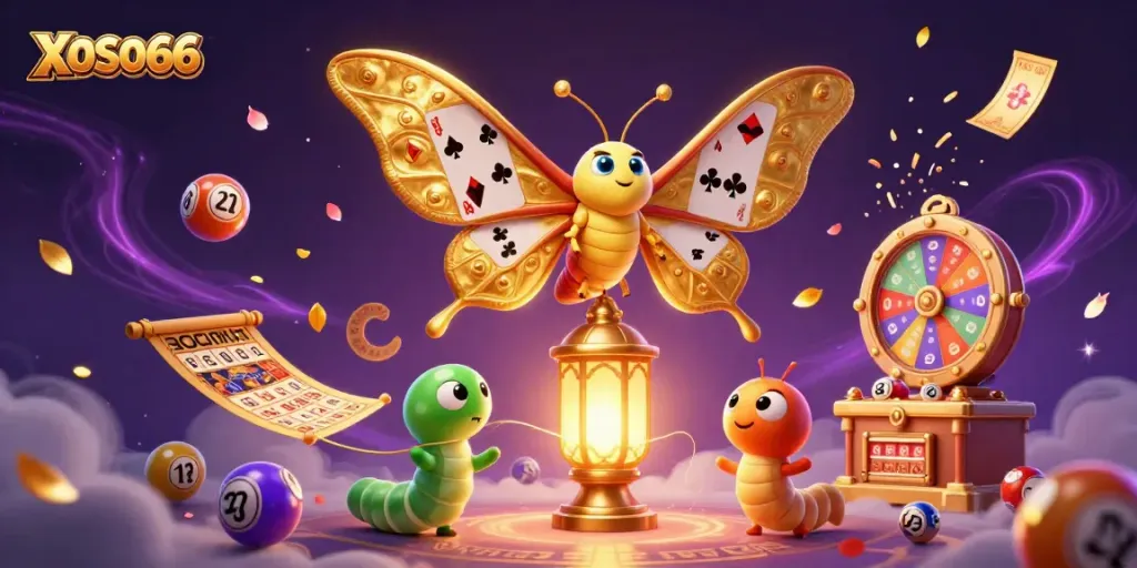 XOSO66 captures excitement with a vibrant scene of lottery balls and a magnificent atlas moth illustration.