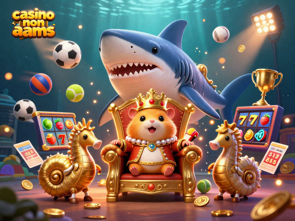 Un'immagine vivace di "casino non aams" con un re criceto d'oro su un trono e rulli delle slot intorno.