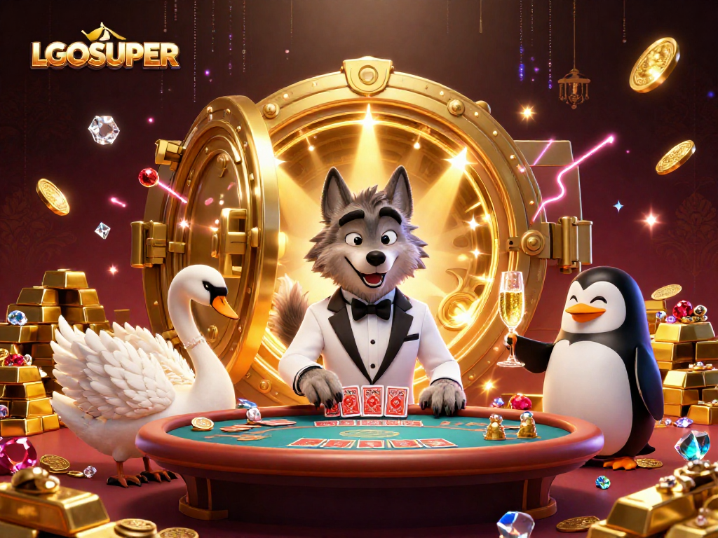 Experience LGOSUPER offers with a debonair wolf, elegant swan, and sophisticated penguin in a vibrant casino scene.