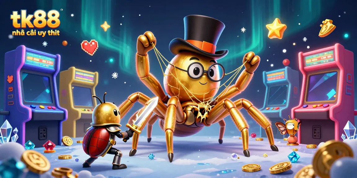 Experience engaging 3D visuals at tk88 nhà cái uy tín with a giant tarantula weaving golden threads amidst vibrant casino elements.