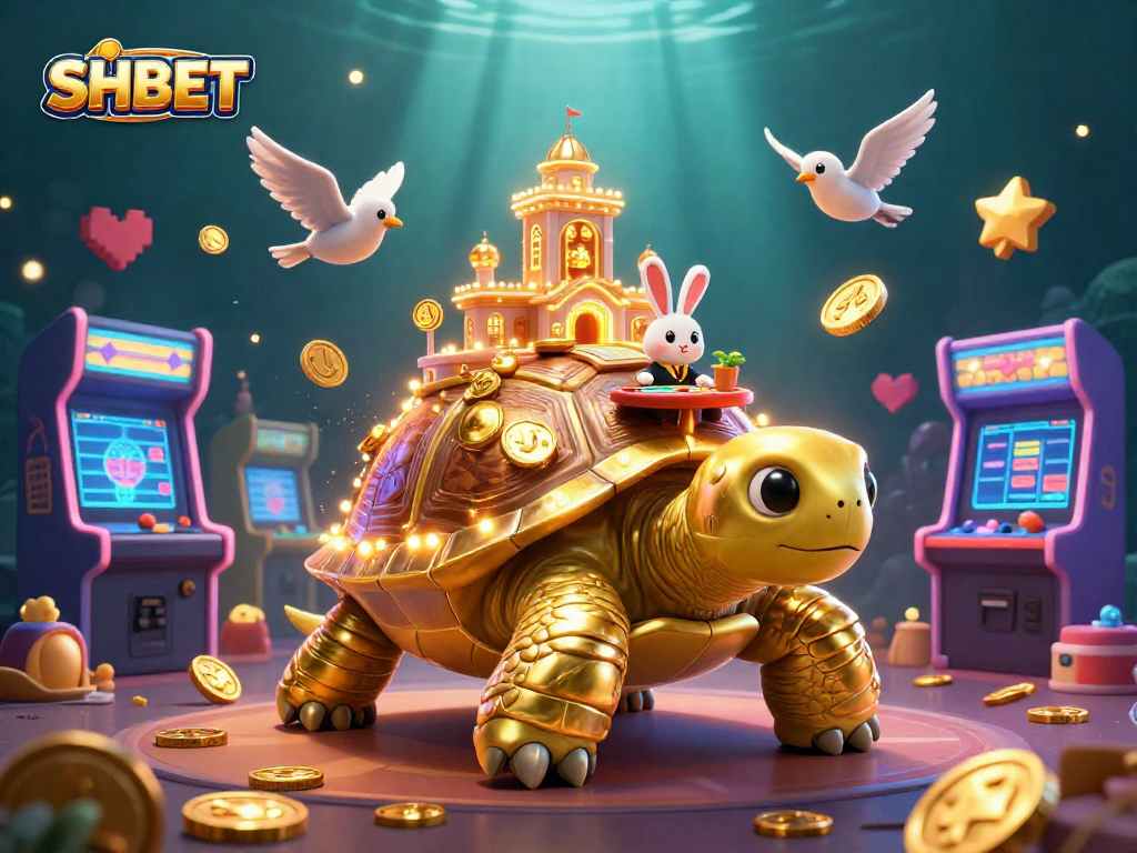 Experience SHBET's vibrant casino world with a golden tortoise, rabbit dealer, and golden coins.