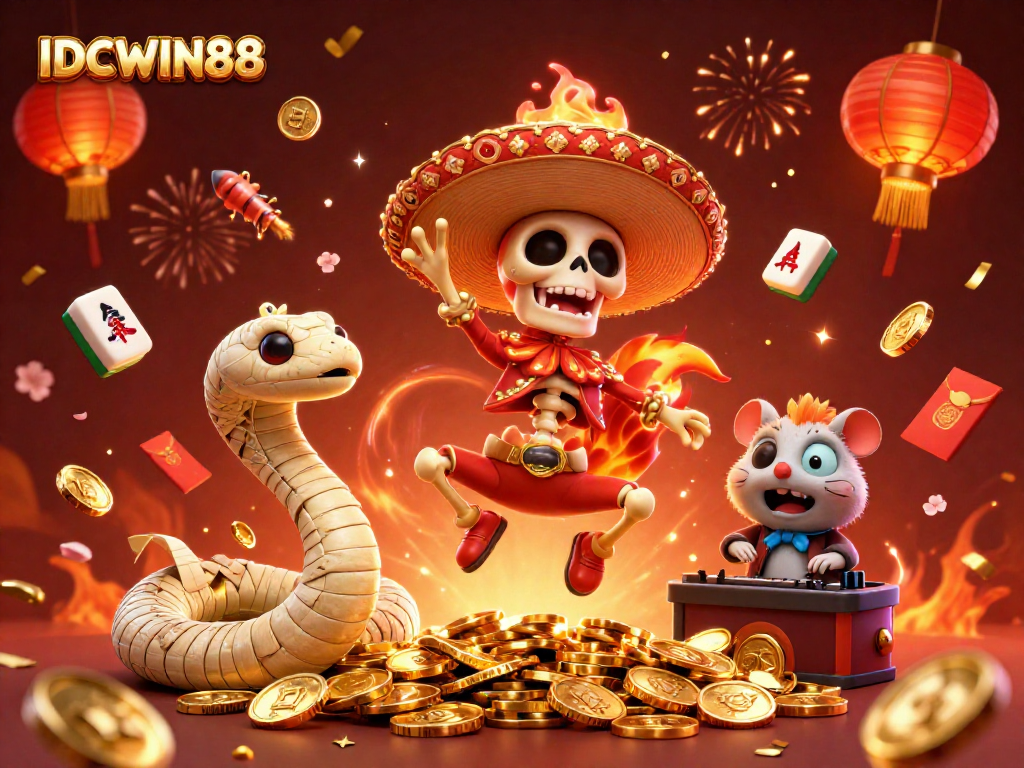 Experience thrilling gameplay with IDCWIN88's vibrant casino scene, featuring dynamic characters and festive elements.