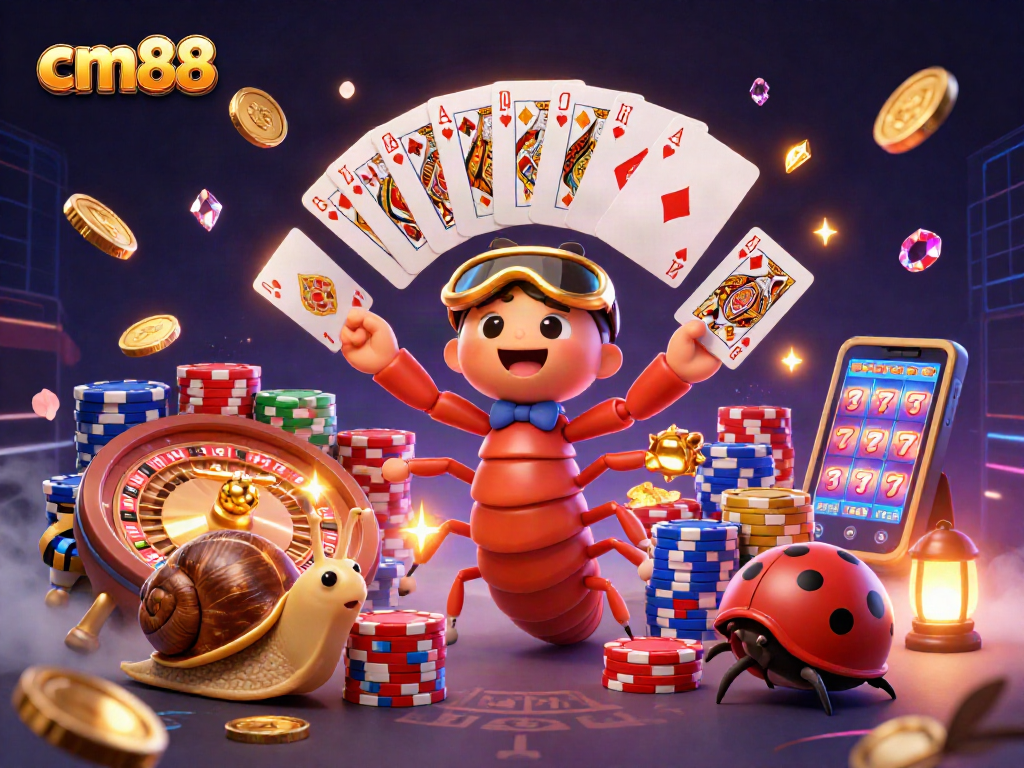 Experience the excitement of cm88 with a lively casino scene featuring a millipede dealer and vibrant game elements.