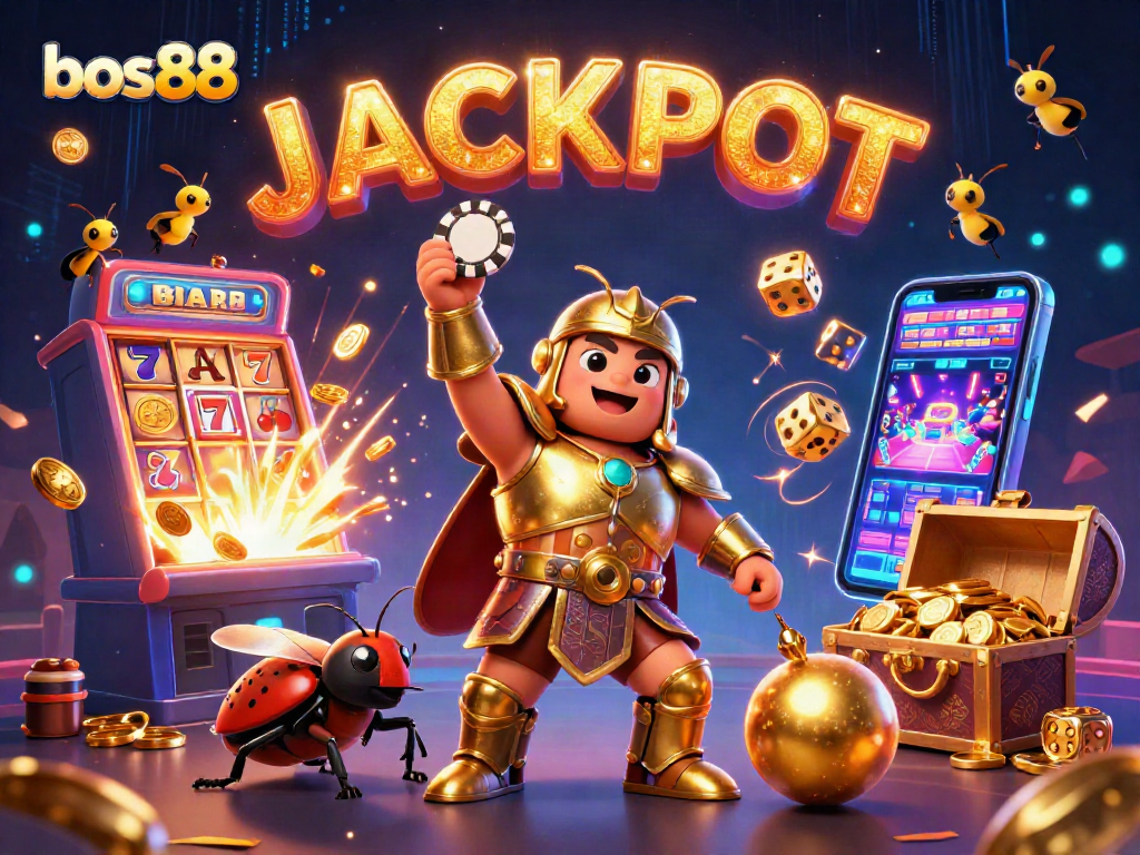 Experience the excitement of bos88 with a victorious hercules beetle, jackpot symbols, and rich casino elements!