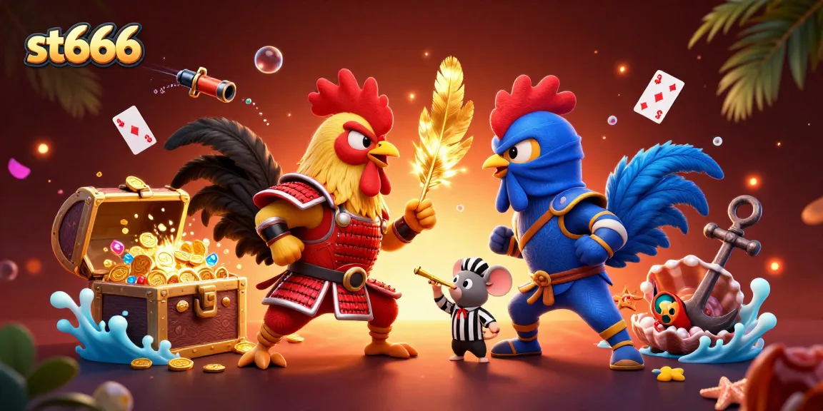 Engage with st666's thrilling gambling world featuring dynamic cartoon roosters in a casino showdown.