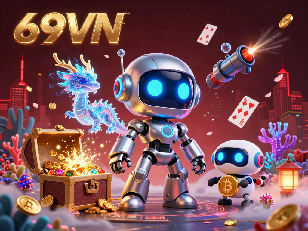 Immerse yourself in 69VN's vibrant online casino world featuring a cyberpunk robot mascot and a bitcoin drone.
