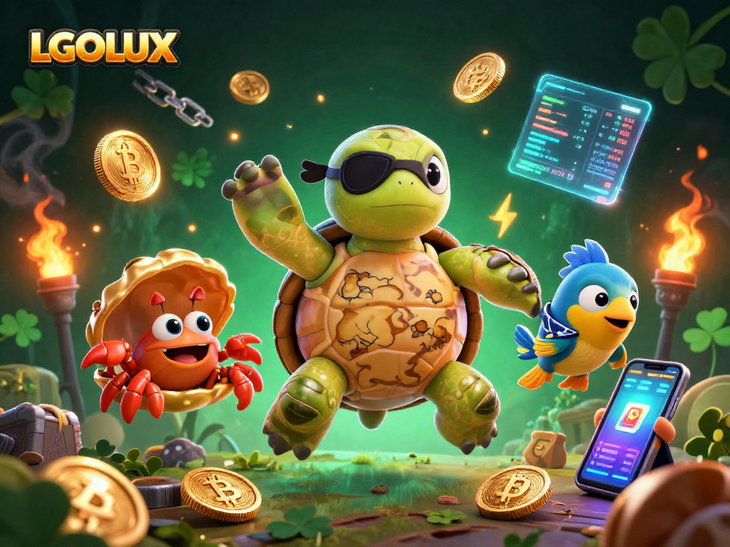 Experience thrilling gameplay at LGOLUX with a dynamic, cartoon casino scene featuring pirate characters and digital currencies.