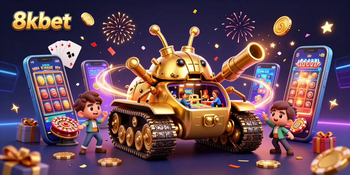 Experience excitement with 8kbet's dazzling casino scene, featuring vibrant slot games and golden coins!