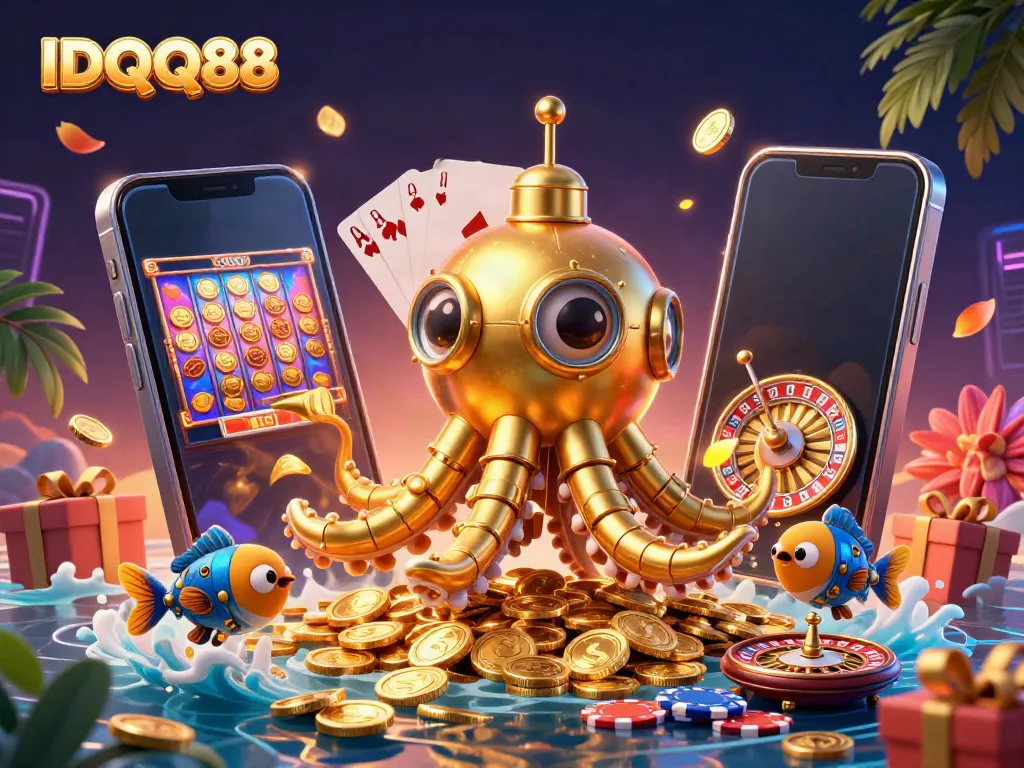 Experience winning at IDQQ88 with a dynamic golden kraken submarine and slot game elements.