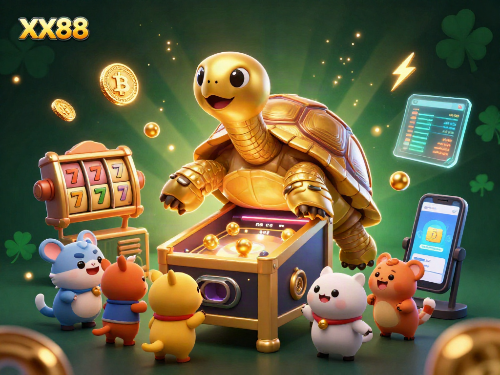 Engage with XX88's thrilling 3D gaming scene featuring a unique golden tortoise pinball machine.