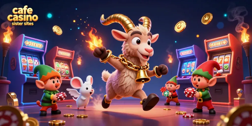 Engage with cafe casino sister sites featuring lively characters in a vibrant casino setting.
