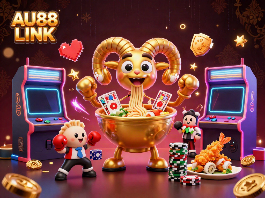 Engage with the vibrant AU88 LINK scene featuring a giant ramen bowl character stacking chips and cards in a bustling casino.
