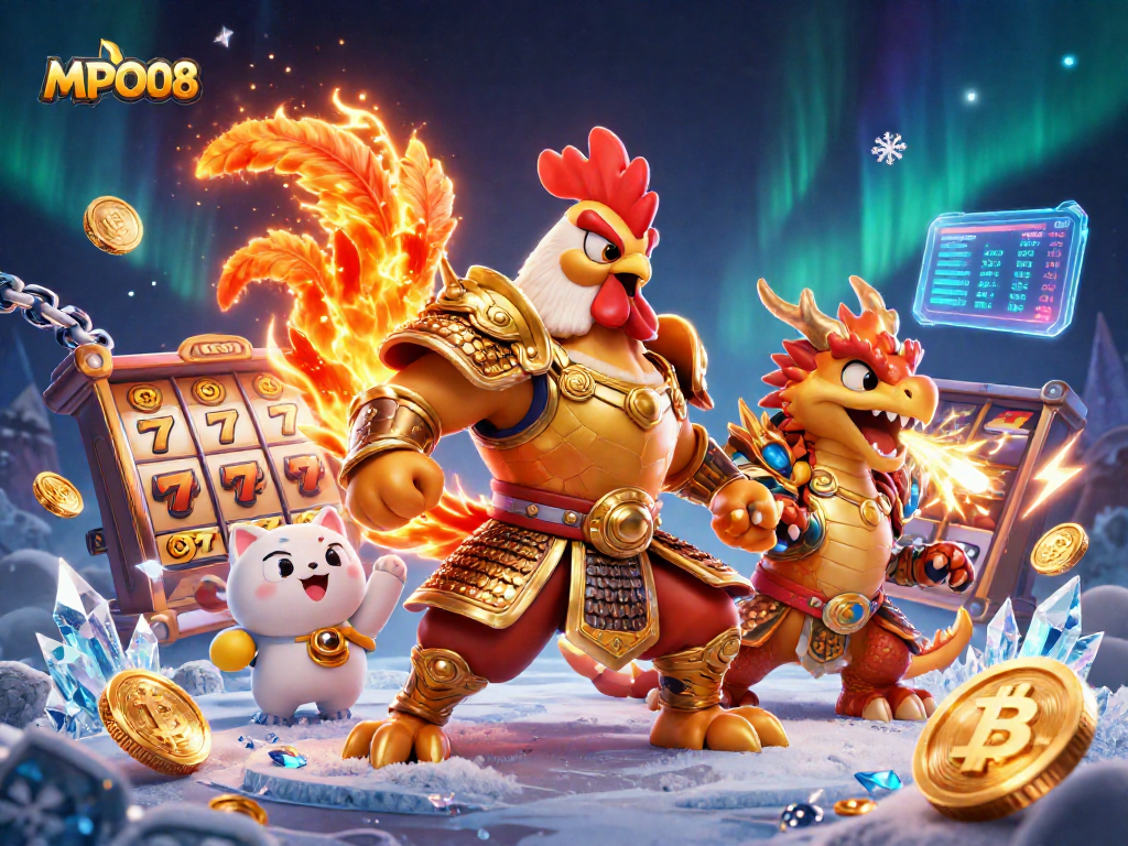 MPO08 elevates your gaming experience with vibrant slot reels and cryptocurrency elements.