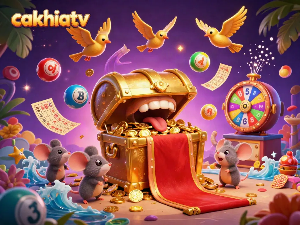 Cakhiatv showcases an adventurous scene with treasure chest mimics enticing gamblers, animated lottery elements, and a vibrant casino atmosphere.