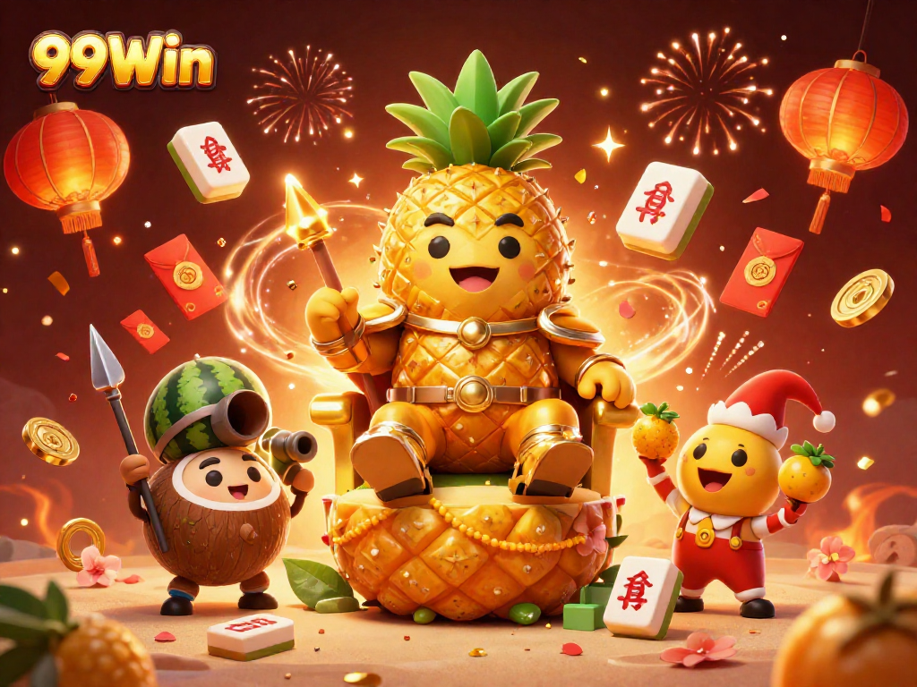 Engage with 99Win's thrilling casino adventure featuring a golden pineapple king and dynamic gaming elements.