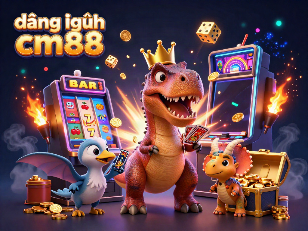 Engage with đăng nhập cm88 as a cute T-Rex and friends showcase thrilling casino elements in a vibrant scene.