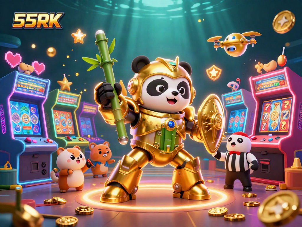 Experience thrilling gameplay with 55RK's vibrant slot-themed 3D illustration featuring dynamic characters and casino elements.