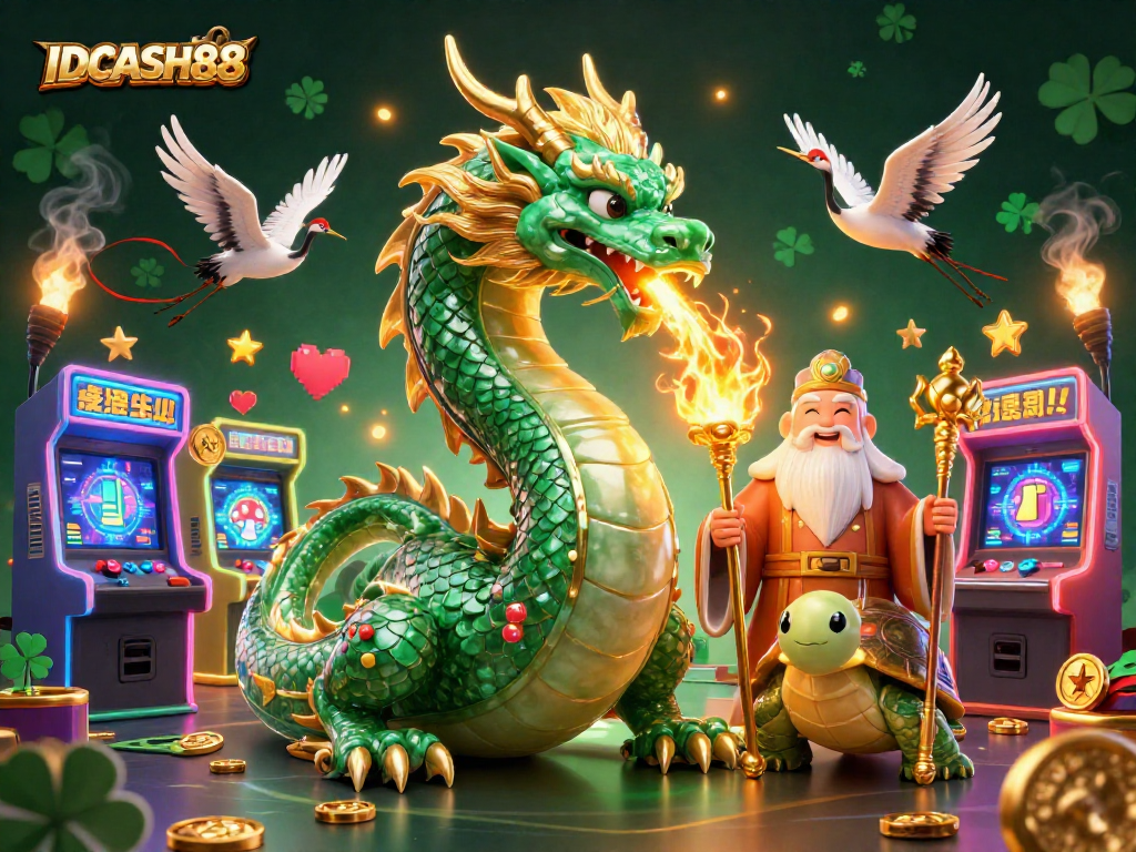 Engage with IDCASH88, featuring a dragon and turtle in a vibrant casino gaming environment.