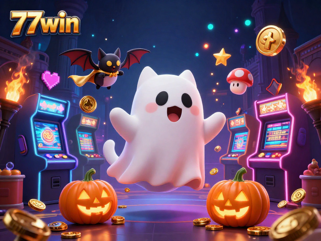 Experience thrilling gameplay at 77win while a friendly ghost cat explores a haunted casino.