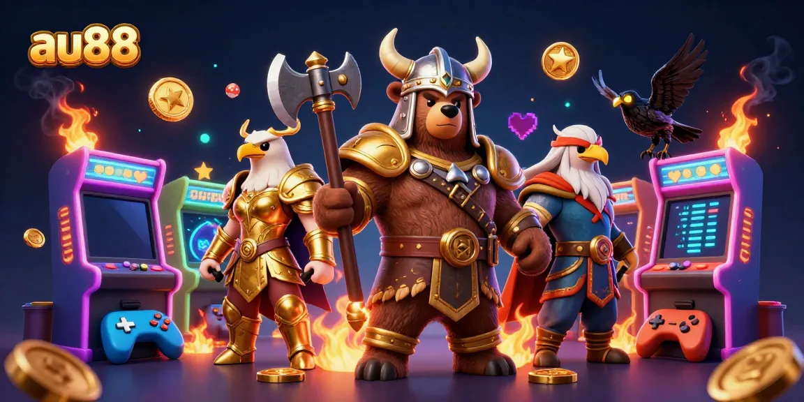 Engage with au88's thrilling 3D casino realm featuring a Viking bear, Valkyrie eagle, and vivid gaming elements.