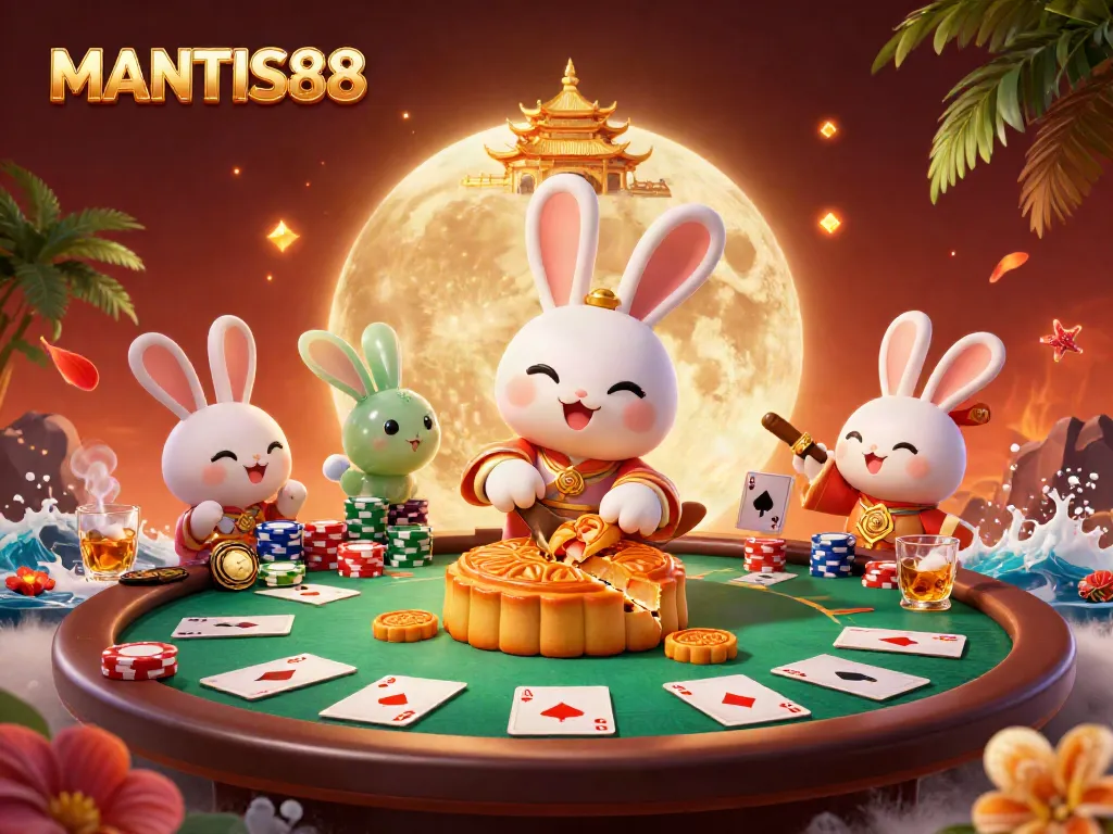 MANTIS88 showcases a lively 3D scene featuring a cartoon moon rabbit revealing poker chips while surrounded by vibrant casino elements.