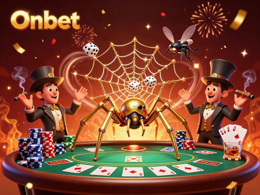 Experience the dynamic Onbet casino scene with unique characters, vibrant poker elements, and festive effects.
