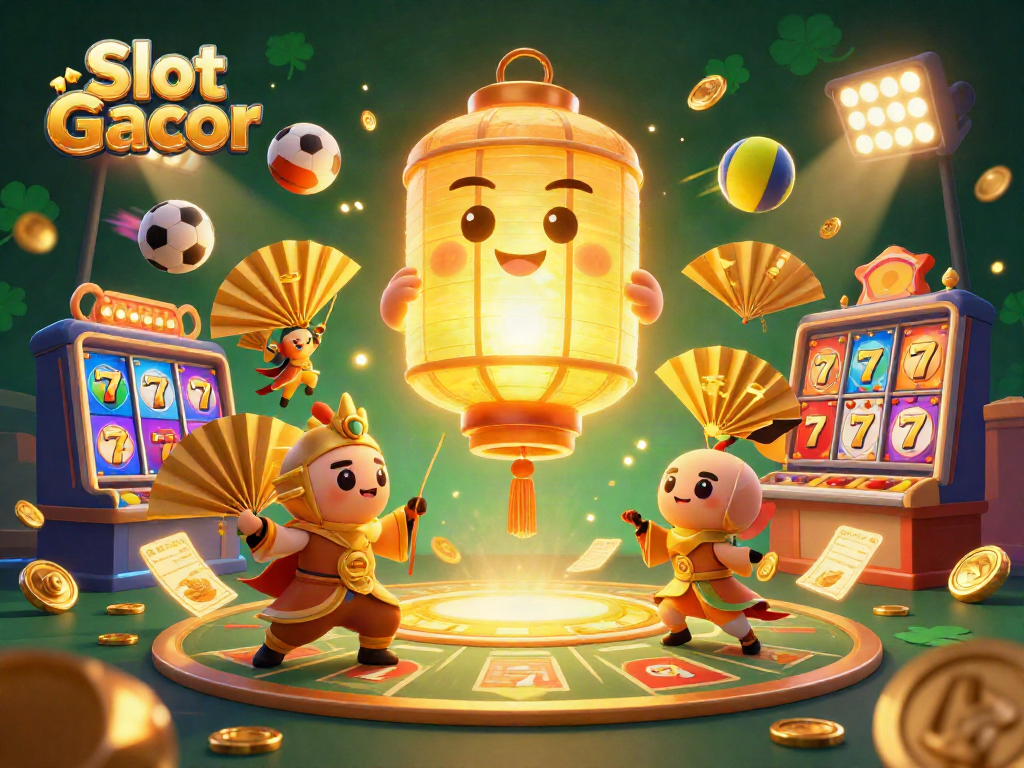 Experience Slot Gacor excitement in a vibrant 3D casino scene filled with lucky symbols and dynamic characters.