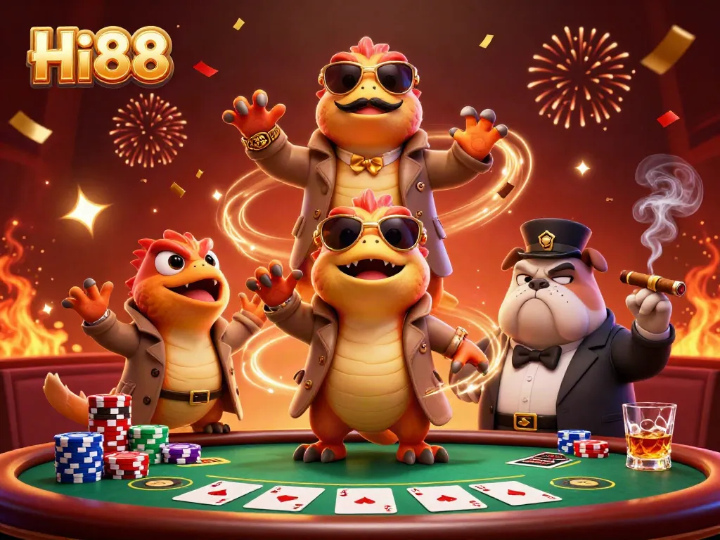 Experience Hi88’s vibrant casino scene with raptors and a bulldog in action.